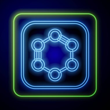 Mavi arkaplanda izole edilmiş benzen halkaları ikonundan oluşan parlak neon kimyasal formül. Vektör.