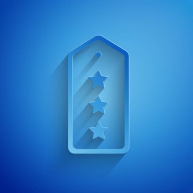 Kağıt kesiği askeri rütbe simgesi mavi arka planda izole edilmiş. Askeri rozet işareti. Kağıt sanatı tarzı. Vektör.