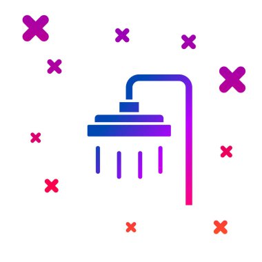 Beyaz zemin üzerinde su damlaları akan ikon içeren renk yağmuru başlığı izole edildi. Kademeli rastgele dinamik şekiller. Vektör.