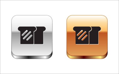 Beyaz arka planda izole edilmiş kızarmış kızarmış ekmek ikonu için siyah ekmek tostu. Öğle yemeği, akşam yemeği, kahvaltı atıştırmalığı. Gümüş ve altın kare düğmeler. Vektör.