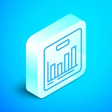 Isometric line Pie grafik bilgi simgesi mavi arkaplanda izole edildi. Diyagram çizelgesi. Gümüş kare düğme. Vektör.