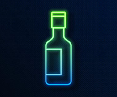 Parlayan neon hattı Yahudi şarap şişesi ikonu mavi arka planda izole edildi. Vektör.