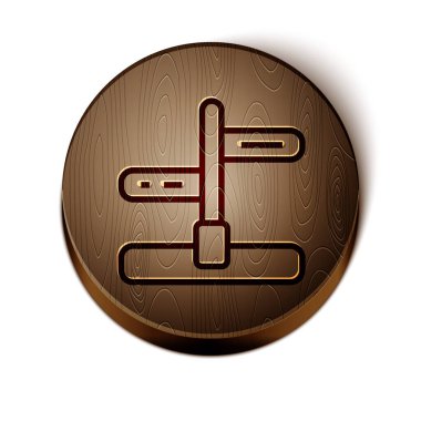 Kahverengi çizgi trafik işareti. Beyaz arkaplanda sinyal simgesi izole edildi. İşaretçi sembolü. İzole sokak bilgi levhası. Yön tabelası. Tahta daire düğmesi. Vektör.