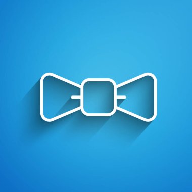 Mavi arkaplanda beyaz çizgi papyon simgesi izole edildi. Uzun gölge. Vektör.