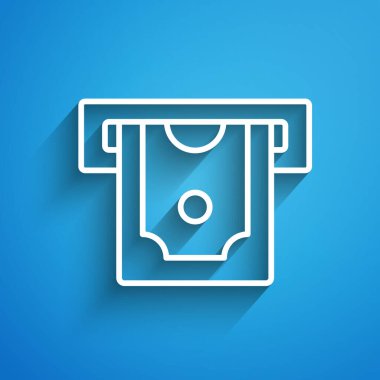 Beyaz bankamatik - Otomatik veznedar makinesi ve para ikonu mavi arka planda izole edildi. Uzun gölge. Vektör.