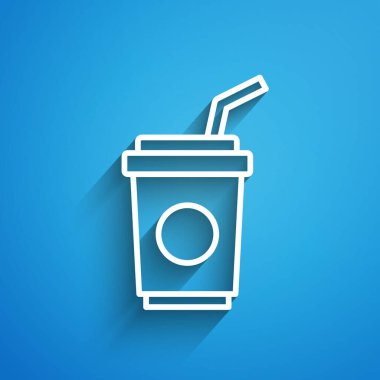 Mavi zemin üzerinde saman ve su ikonu olan beyaz çizgi kağıt bardak. Soda bardağı. Taze soğuk içecek sembolü. Uzun gölge. Vektör.