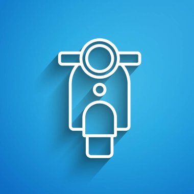Mavi arka planda beyaz çizgi Scooter simgesi izole edildi. Uzun gölge. Vektör.