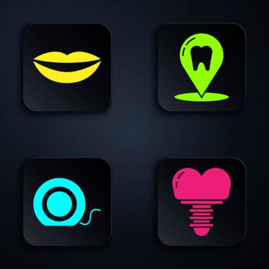 Diş implantı, gülen dudaklar, diş ipi ve diş sağlığı kliniğinin yerini ayarla. Siyah kare düğme. Vektör.