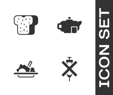 Doping şırıngası, ekmek tostu, sağlıklı yiyecek ve bardak ikonlu çaydanlık koymayın. Vektör.