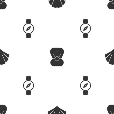 Deniz tarağı kabuğunu incili ve pusula desenli olarak ayarla. Vektör.