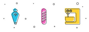 Pasta poşeti, Fransız ekmeği ve elektrikli karıştırıcı ikonu. Vektör.