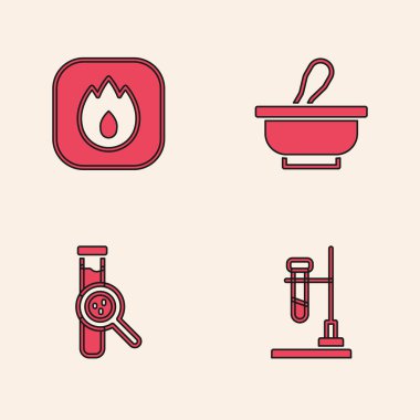 Test tüpünü ateşe verin, alevi ateşe verin, havan topu, tokmak ve ikon. Vektör.