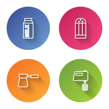 Süt, tuz, Türk kahvesi ve elektrikli mikser için kağıt paketi hazırlayın. Renkli daire düğmesi. Vektör.