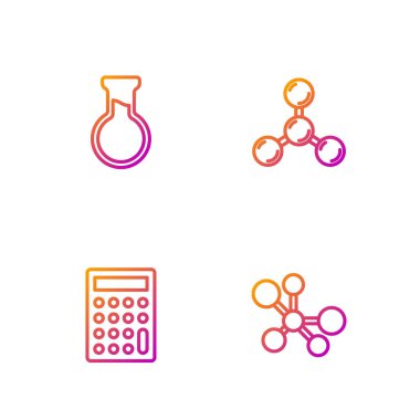 Molekül, hesap makinesi, test tüpü ve matara ayarlayın. Renk simgeleri. Vektör.