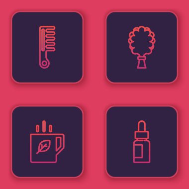 Saç fırçası, bir fincan çay ve yaprak, sauna süpürgesi ve gerekli yağ şişesi. Mavi kare düğme. Vektör.