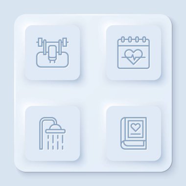 Barbel, kalp atış hızı, duş başlığı ve tıbbi kitapla sıra oluşturun. Beyaz kare düğme. Vektör.