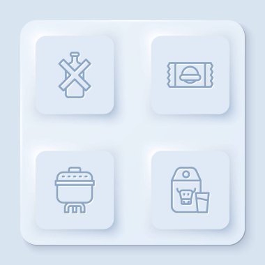 Sabit hat alkol yok, spor beslenme, yemek pişirme kabı ve süt için kağıt paketi. Beyaz kare düğme. Vektör.