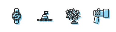 Coral, Compass, denizde yüzen şamandıra ve el feneri simgesini ayarla. Vektör.