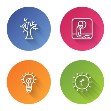 Hat solmuş ağaç, atık su, yapraklı ampul ve güneş. Renkli daire düğmesi. Vektör.