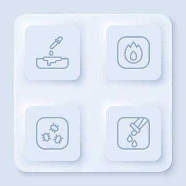 Petri kabını pipetle, alevle, bakteriyle, deney tüpüyle ve matarayla ayarla. Beyaz kare düğme. Vektör.