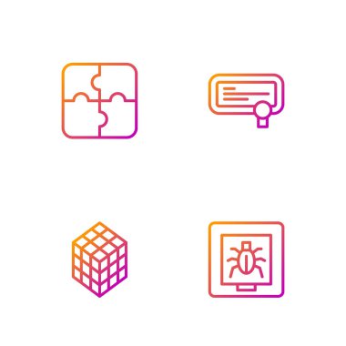 Çizgi böceklerini çerçeve, zeka küpü, yapboz parçası ve sertifika şablonu olarak ayarla. Renk simgeleri. Vektör.