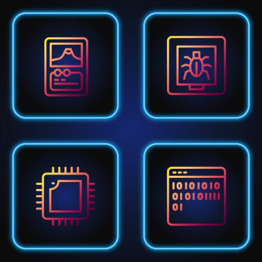 Satır İkili Kodu, İşlemci, Kart oyunu ve Böceklerin çerçevesi ile İşlemci ayarla. Renk simgeleri. Vektör.