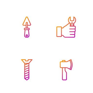 Tahta balta, metal vida, Trowel ve İngiliz anahtarı. Renk simgeleri. Vektör.