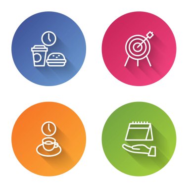 Hazır yemek zamanı, hedef spor, kahve ve takvim. Renkli daire düğmesi. Vektör.