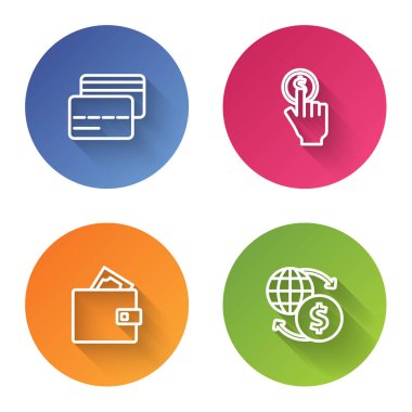 Hat çizgisi kredi kartı, bozuk para, cüzdan ve para değişimi. Renkli daire düğmesi. Vektör.