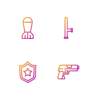 Misinayı, tabancayı, askeri ödül madalyasını, havacılık bombasını ve polis lastik copunu ayarlayın. Renk simgeleri. Vektör.