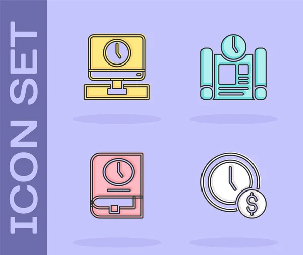 Set Time Money Monitor Time Book Project Plan Icon Vector — Stock Vector