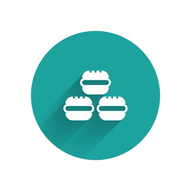 Uzun gölgeli beyaz makarna kurabiye ikonu. Makarna tatlı fırın. Yeşil daire düğmesi. Vektör.