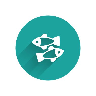 Beyaz ölü balık ikonu uzun gölgeli izole edilmiş. Yeşil daire düğmesi. Vektör.