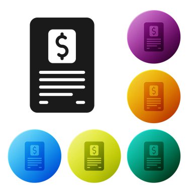 Siyah işletme finans raporu beyaz arka planda izole edilmiş bir simge. Denetim ve analiz, belge, plan sembolü. Simgeleri renk daire düğmelerine ayarla. Vektör.