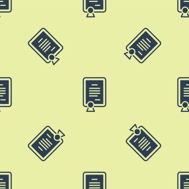 Mavi Sertifika şablon ikonu sarı arkaplanda izole edilmiş pürüzsüz desen. Başarı, ödül, diploma, burs, diploma kavramları. Vektör.