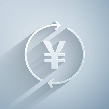 Kağıt, gri arkaplanda Yen sembolü simgesi olan madeni para kesti. Bankacılık işareti. Para sembolü. Kağıt sanatı tarzı. Vektör.