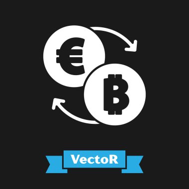 Siyah arkaplanda beyaz kripto döviz simgesi izole edildi. Bitcoin 'den Euro takas simgesine. Kripto para teknolojisi, mobil bankacılık. Vektör.