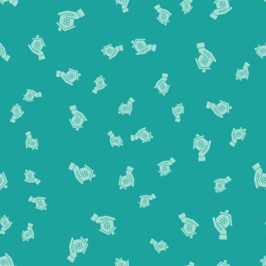 Yeşil Ev 'in el simgesi, yeşil arka planda izole edilmiş pürüzsüz desen. Sigorta konsepti. Güvenlik, güvenlik, koruma, konsept koruma. Vektör.