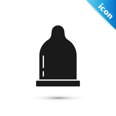 Beyaz arka planda gri prezervatif simgesi var. Güvenli aşk sembolü. Erkekler için doğum kontrol yöntemi. Vektör.