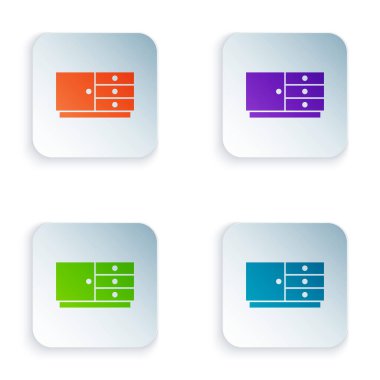 Beyaz arkaplanda izole edilmiş çekmecelerin renk sandığı simgesi. Kare düğmelere renkli simgeleri yerleştir. Vektör.