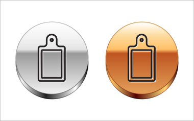 Siyah çizgi kesme tahtası simgesi beyaz arkaplanda izole edildi. Kesme tahtası sembolü. Gümüş-altın halka düğmesi. Vektör.