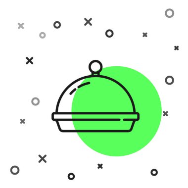 Beyaz arka planda izole edilmiş bir tepsi yiyecek ikonu ile kaplanmış siyah çizgi. Tepsi ve kapak. Kapaklı bir restoran saati. Mutfak eşyaları sembolü. Vektör.