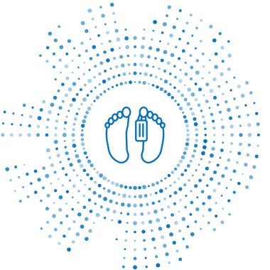 Beyaz arka planda izole edilmiş bir hastane ikonunun morgunda ayağına isim etiketi takılmış mavi çizgili bir ceset. Soyut çember rastgele noktalar. Vektör.