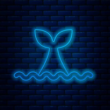 Okyanus dalgası ikonunda parlayan neon hattı Balina kuyruğu tuğla duvar arka planında izole edildi. Vektör.
