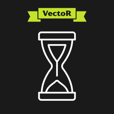 Beyaz çizgi. Siyah zemin üzerinde kum ikonu olan eski kum saati. Kum saati işareti. İş ve zaman yönetimi kavramı. Vektör.