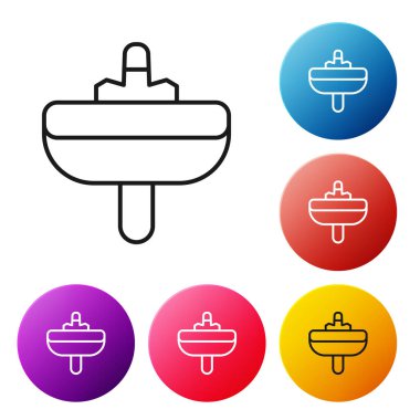 Beyaz zemin üzerinde su musluğu simgesi olan siyah çizgili lavabo. Renkli daire düğmelerini ayarlayın. Vektör.