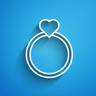Beyaz çizgili alyans ikonu mavi arkaplanda izole edilmiş. Gelin ve damat mücevher tabelası. Evlilik sembolü. Elmas yüzük. Uzun gölge. Vektör.