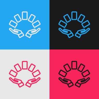 Pop Art Line Hand 'in elinde iskambil kartı simgesi var. Renkli arka planda izole edilmiş. Kumarhane oyun tasarımı. Vektör.