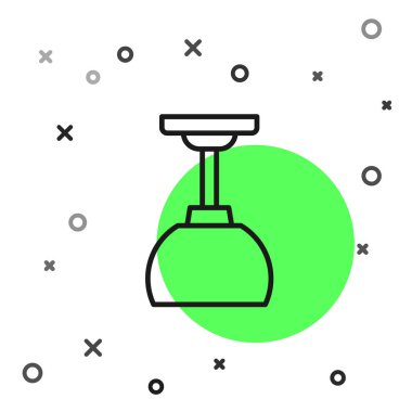 Beyaz arkaplanda siyah çizgi lamba asılı ikon. Tavan lambası ampulü. Vektör.