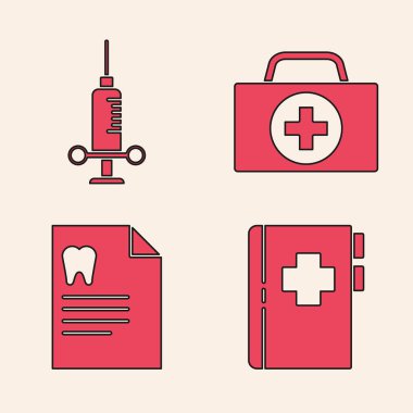Diş kartı, diş şırıngası, ilk yardım çantası ve diş kartı simgesiyle panoyu hazırla. Vektör.